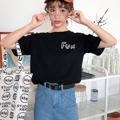 

Womens Round Neck Cartoon Flower & Letters Print Short Sleeve T-Shirt