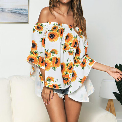 

Summer Womens Casual Sexy Boat Neck Off-shoulder Sunflower Print Shirt Tops