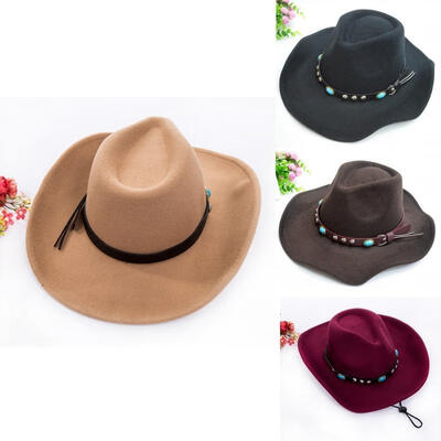 

Men Women Solid Wool Cowboy Hat Western Sunhat Feather Band Wide Brim Panama Cap
