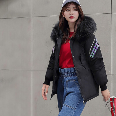 

Roseonmyhand Women Outerwear Long Sleeve Hooded Pockets Cotton-padded Letter LIFE STYLE Coat