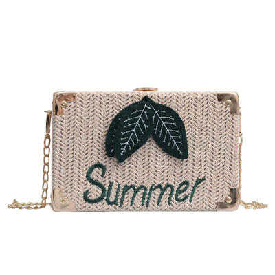 

Straw Leaf Letter Decor Shoulder Handbags Women Chain Box Crossbody Bags