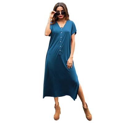 

Solid Button Dress Women Short Sleeve V-neck Sexy Slit Loose Long Dresses