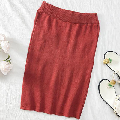

Women Autumn Knit Sweet Vintage High Waist A-Line Wild Solid Color Bag Hip Skirt