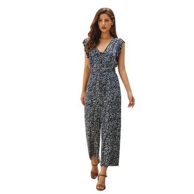 

Original Summer Floral Jumpsuit V-neck Lotus Leaf Sleeve Single-breasted Jumpsuit Wide-leg Pants