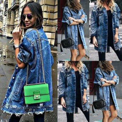 

Womens Long Jacket Patch Denim Ripped New Outwear Hole Jeans Bule Coat Casual