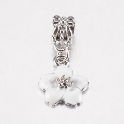 

Tibetan Style Alloy Enamel European Dangle Beads Large Hole Pendants Flower Antique Silver White 29mm