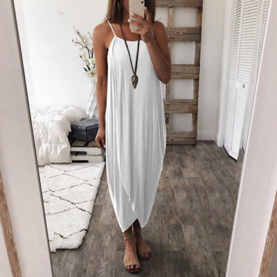 

Womens Solid Spaghetti Strap Sleeveless Loose High Waist Irregular Midi Dress