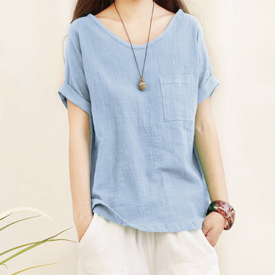 

Nomeni Women Ladies Short Sleeve Pocket Cotton And Linen T-shirts Top Blouse