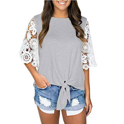 

Starmoon Women Casual O-neck Lace Stitching Half-Sleeve Bow Tie Casual Top