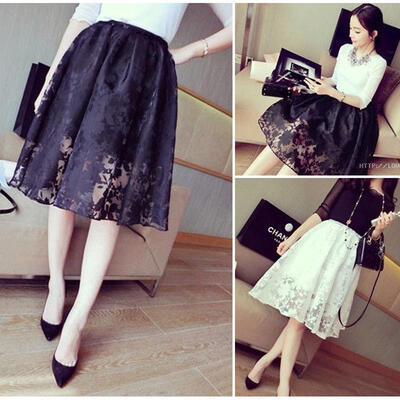 

NEW Women Double Layer Lace Pleated Retro Long Maxi Dress Elastic Waist Skirt One Size