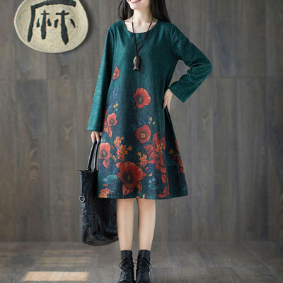 

Tailored Women Fashion Plus Size Folk-Custom Loose Floral Printed Cotton And Linen Dress