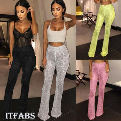 

Womens Bandage High Waist Casual Wide Leg Long Pants Skinny Silk Pants Clubwear