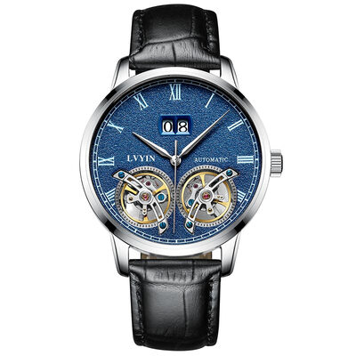 

Green automatic mechanical watch Leather Mens Watch Fashion Calendar Hollow Double tourbillon Waterproof Watch