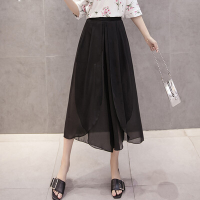 

Tailored Women Summer Solid Chiffon Flare Elastic High Waist Wide Leg Pants Plus Size