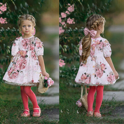 

Toddler Kids Baby Girls Off Shoulder Floral Print Lace Princess Casual SunDress