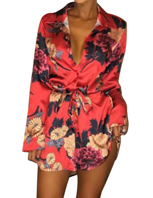 

Women Fashion Sexy Boho Floral Printed Bandage Shirt Dress Summer Long Sleeve Beach Dresses Deep V-Neck Sundress