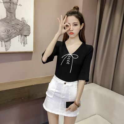 

casual summer v-neck knit crop t-shirt Women Flare Sleeve sexy slim top jacket girl female basic t shirt top cheap