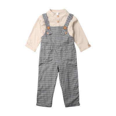 

Toddler Baby Boy Long Sleeve Shirt Romper Tops Plaid Strap Trousers Clothes 1-6Y