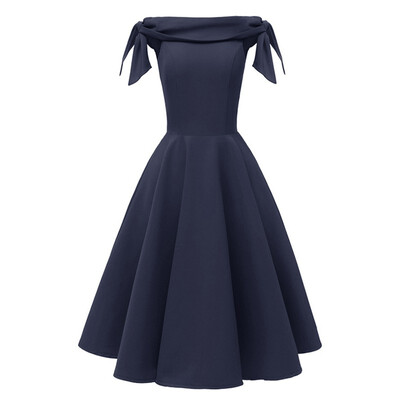 

Lace up Off shoulder Party Dress Women Clothes Vintage Evening Short Sleeve Midi A-Line Solid Slash Neck Dress