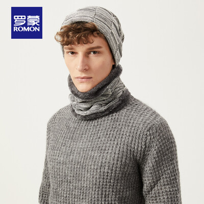 

ROMON ROMON autumn&winter hat men trend wild warm neck set wool hat plus velvet knit hat windproof cap combination gray