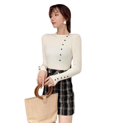 

Knitted Sweater Elastic Bottoming Jumper Women Long Sleeve Slim Button Tops