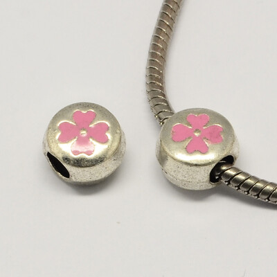 

Clover Alloy Enamel Flat Round Large Hole European Beads Antique Silver Pink 12x8mm Hole 45mm