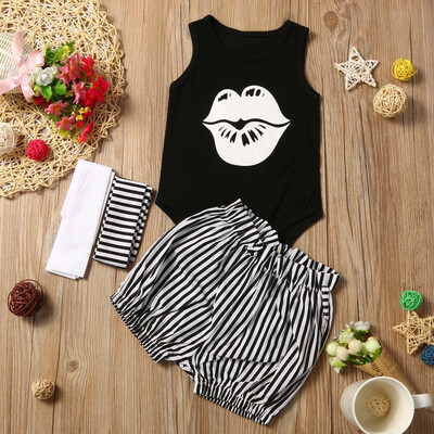 

3Pcs Infant Baby Girl Clothes Lip Romper Tops Headband Shorts Pants Outfits Set