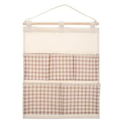 

5 Pockets Plaid Cotton Linen Wall Hanging Storage Bag Door Wardrobe Pouch