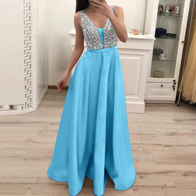 

〖Follure〗Women Fashion Sequin Dresses Sleeveless V-neck Long Evening Party Dress