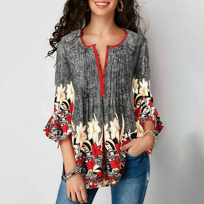 

Womens Boho Floral Print Loose Shirt Basic Tunic Tops V Neck Baggy Summer 34 Sleeve Blouse Plus Size