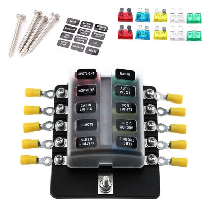 

10 Way Blade Fuse Box Holder Fuse Blocks with Red LED Indicator 10Pcs Fuses 10Pcs Terminals for Car Boat Marine Caravan Truck 12V