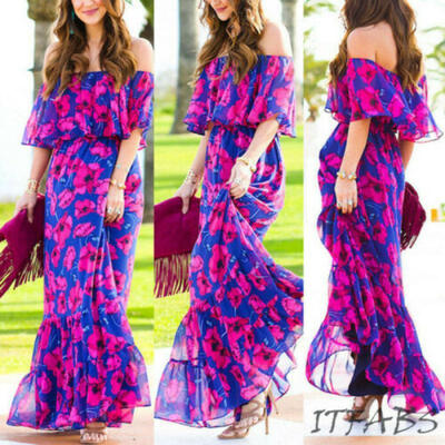 

UK Women Summer Boho Chiffon Party Evening Beach Dress Long Maxi Dress Sundress