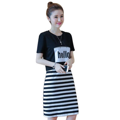 

2pcsset Short Sleeve Tops Sundress Women Stripe Large Size Tee Dress