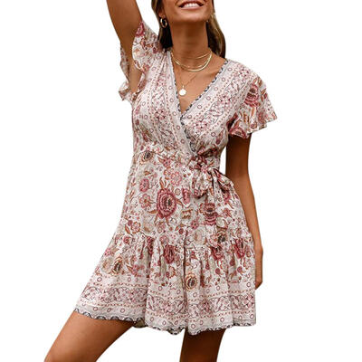 

Women V Neck Floral Print Dress Short Sleeve Beach Boho Summer Mini Dress