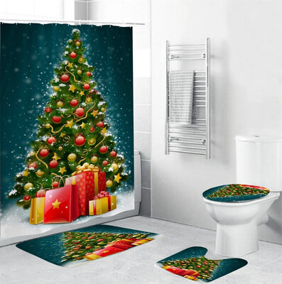 

〖Follure〗4Pcs Christmas shower Curtain Bathroom Anti-slip Carpet Rug Toilet Cover Mat Set