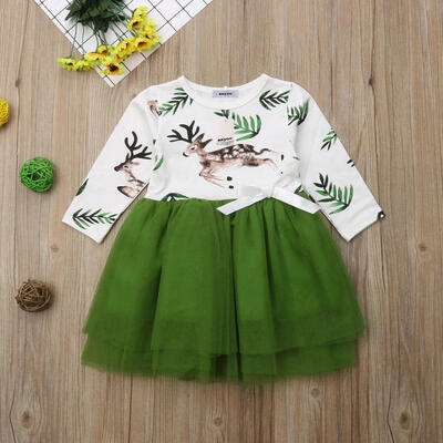 

Kids Baby Girls Christmas Deer Printed Lace Stitching Dress Party Prom Pageant Tutu Dress