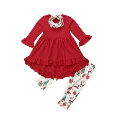 

Kids Baby Girls Christmas Long Sleeve Ruffle Tops DressLeggings Pants scarf Set