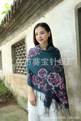 

New Peony Jacquard National Wind Scarf Ms Large Shawl Dual-use Thicken Bohemian Scarf Winter Warm