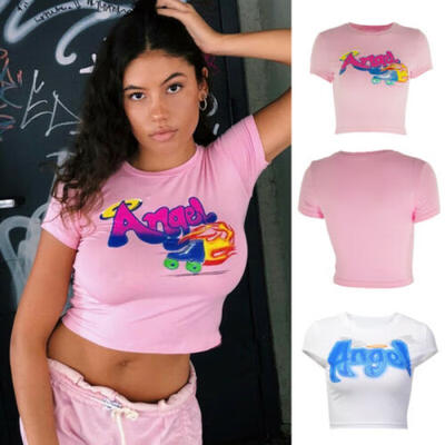 

Women Cartoon Short Sleeve Casual Thin Blouse T-Shirt Crop Cami Girls Tee Top US
