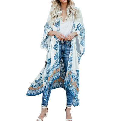 

Toponeto Women China Print Loose Long Bohe Maxi Bat-wing Sleeve Cover-up kimono Cardigan