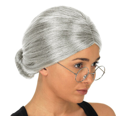 

〖Follure〗Old Lady Grandma Granny Grey Wig Bun Hair Grand Mother Fancy Dress Costume