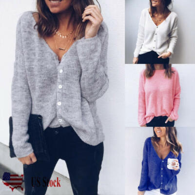 

USA Women Low Cut V-Neck Long Sleeve Knit Snap Button Down Cardigan Sweater Tops