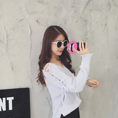

White V-Neck Long Sleeve Lace Up Hollow Out Pullover Women Knitted Sweater Sleeves Split Female 2019 Autumn Winter Sweaters