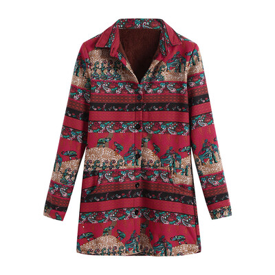 

Toponeto Women Cotton Linen Winter Warm Plus Velvet Coat Folk-Custom Print Outcoat Jacket