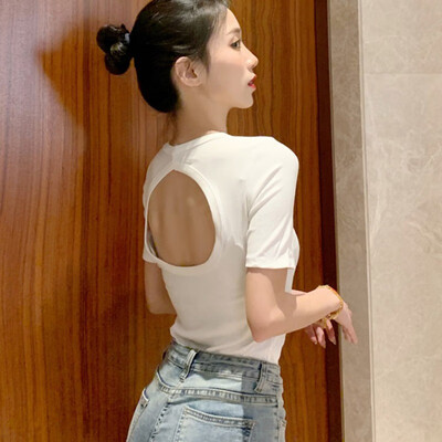 

New Arrival Sexy Chic Backless Short Sleeve T Shirt Summer Women Cotton Solid Tshirt Top Tees Slim Pullovers Tshirt Women