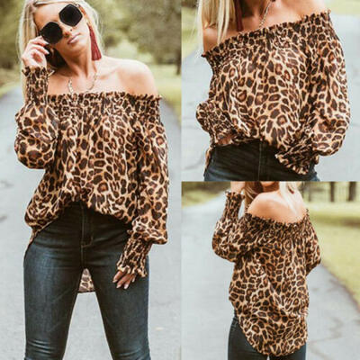 

Women Leopard Long Sleeve Off Shoulder T Shirt Casual Loose Blouse Ruffled Tops