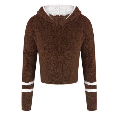 

Autumn Winter Women Plush Warm Hoodies Solid Color Long Sleeve Short Hooded Sweatshirt For Women Ladies Striped Hooded Pullover
