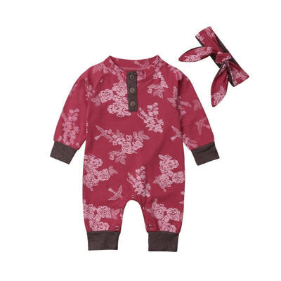 

Newborn Baby Girls Flower Jumpsuit Romper Bodysuit Headband Outfits Clothes