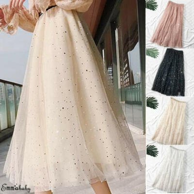 

New Women Ladies High Waist Pleated Mesh Long Maxi Skirt Tulle Prom A-Line Dress
