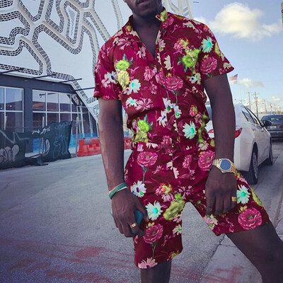 

Toponeto Fashion Mens Casual Button Hawaii Print Beach Short Sleeve Quick Dry Suit